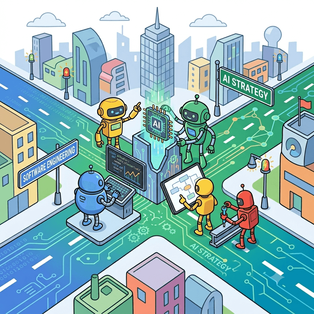 Cute robots building AI software in an intersection
