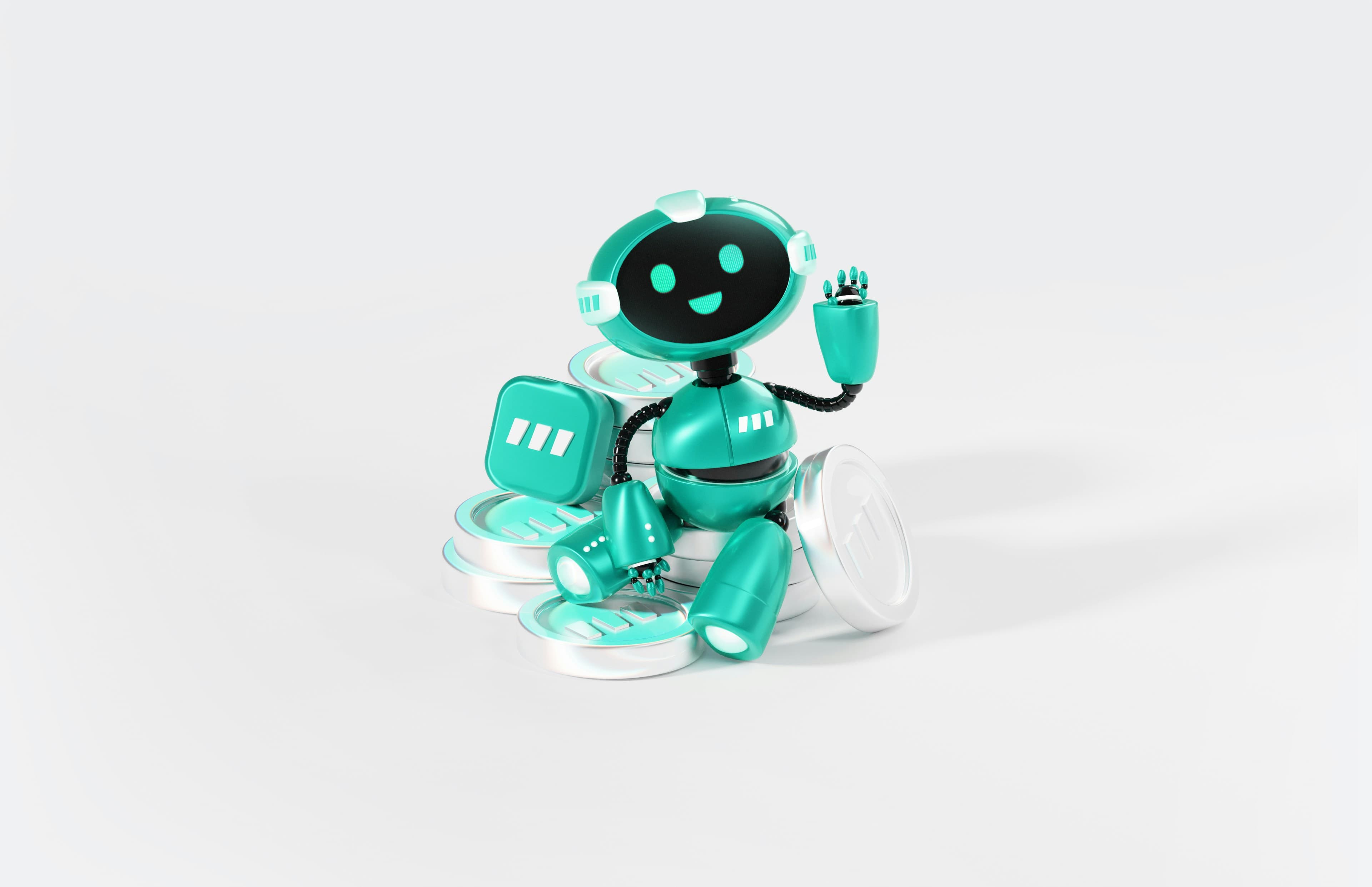 Cute robot sitting down and waving hello